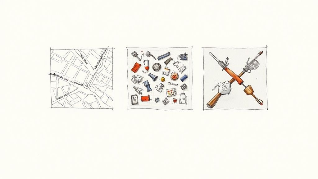 A hand-drawn neighborhood map, showing streets, houses, and a park, illustrating how unstructured time can lead to a tangible project.