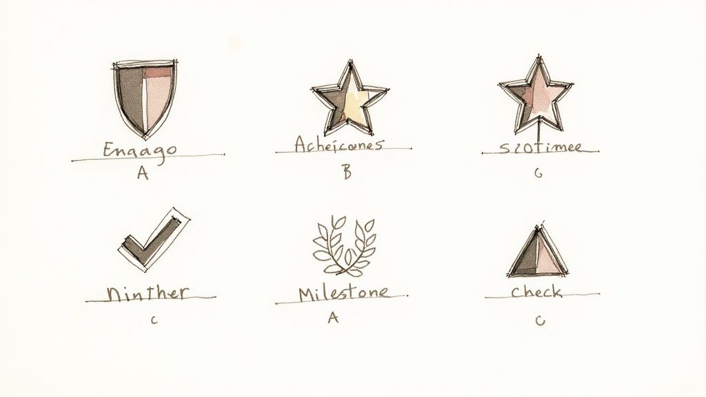 A collection of colorful digital badges representing achievements in learning.
