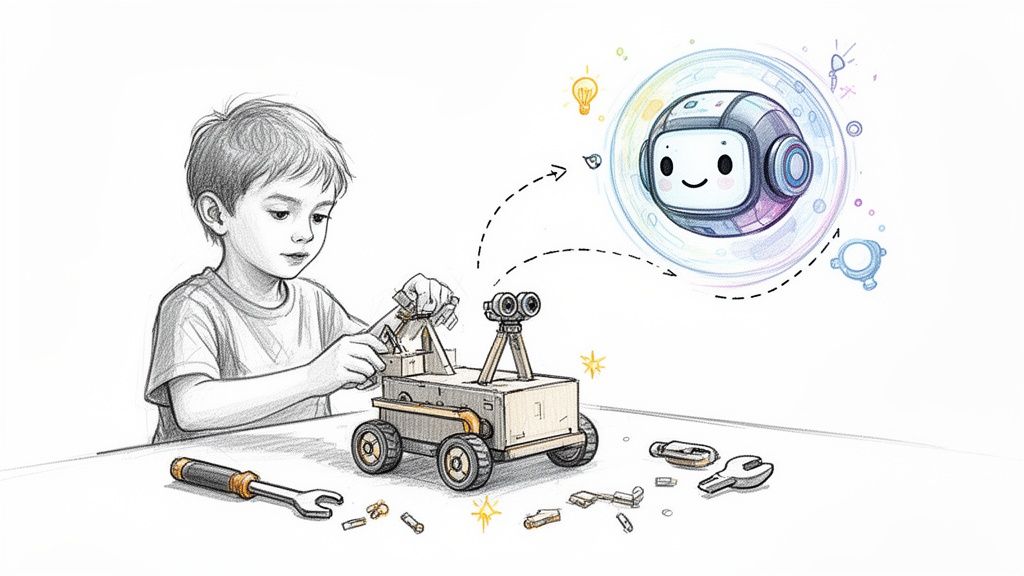 A boy assembling a toy rover, inspired by a friendly AI robot head in a bubble.
