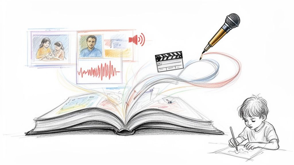 A child drawing, an open book, and various multimedia elements like photos, sound, and video.