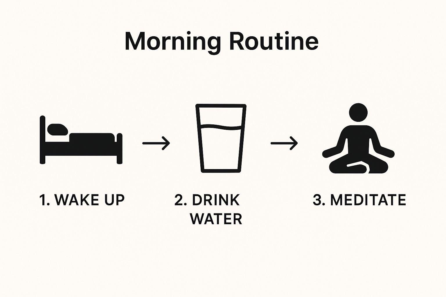Infographic showing a three-step morning habit stack: Wake up, Drink water, and Meditate, linked by arrows.
