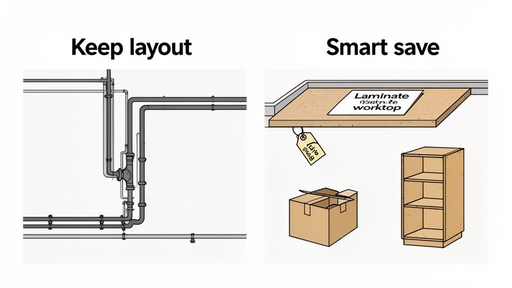 Comparison of keeping plumbing layout versus smart savings on kitchen items like a laminate worktop and cabinet.