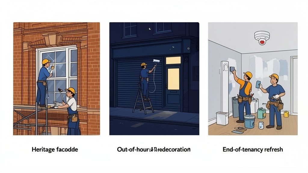 Three illustrated scenes depicting property maintenance workers repairing a facade, painting a shop, and refreshing an interior.