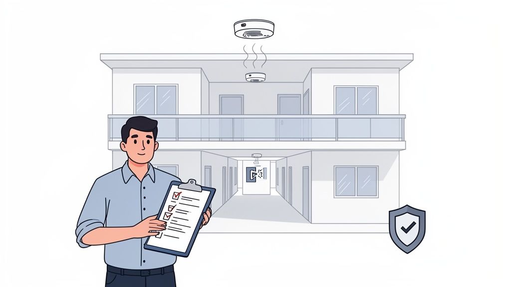 A man with a checklist inspects a building with active smoke detectors for fire safety.