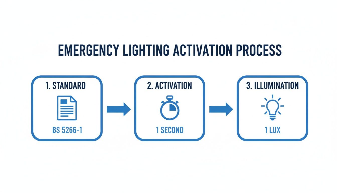 A flowchart illustrates the emergency lighting activation process, showing standard compliance, activation time, and illumination level.