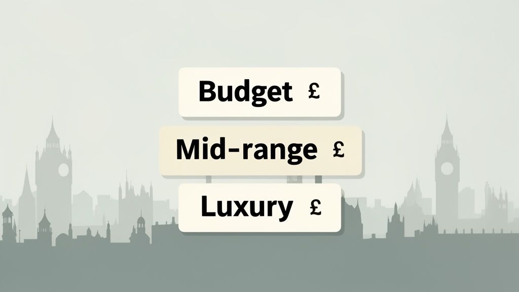 Pricing tiers for Budget, Mid-range, and Luxury services, with a London city silhouette background.