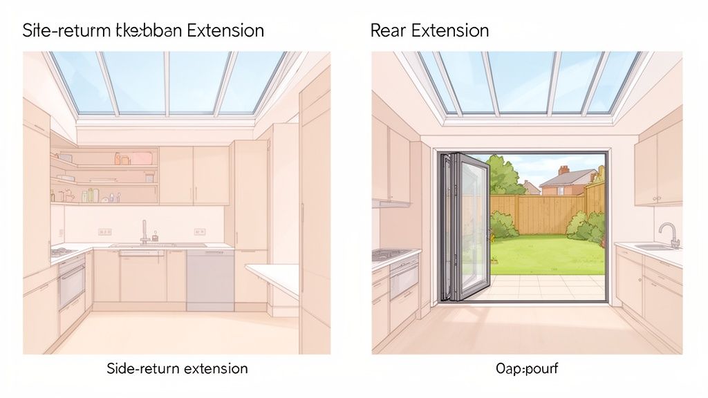 Two illustrations showcasing kitchen extensions: a side-return layout and a rear extension with bi-fold doors.