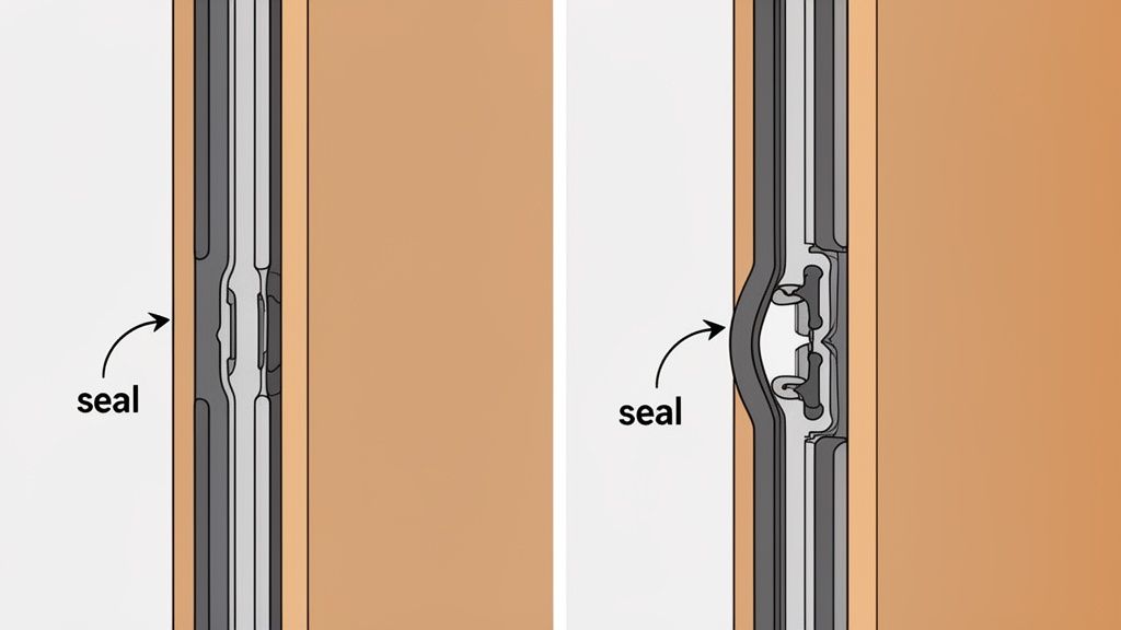 Cross-section diagrams illustrate two types of fire door seals, showing their internal mechanisms and effectiveness.