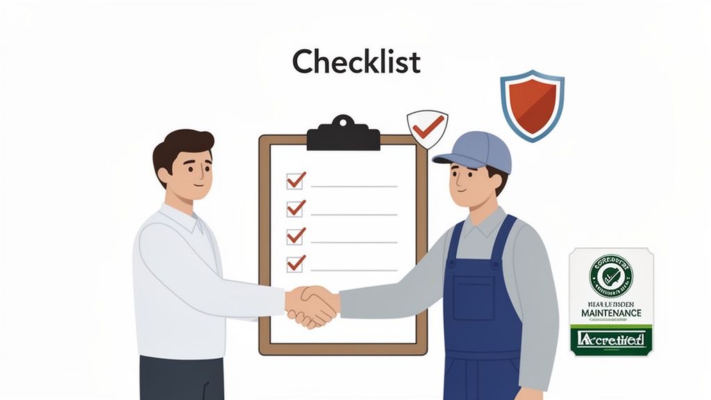 Two men shaking hands in front of a checklist and accreditation, representing professional property maintenance.