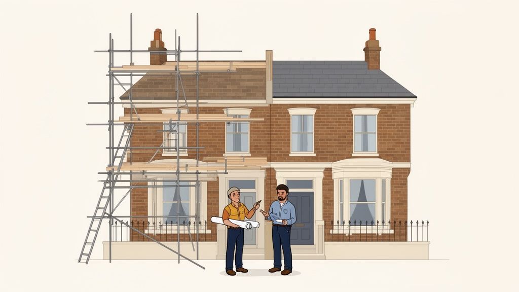 Two men, a builder and a homeowner, discuss renovation plans in front of a Victorian house, with one half under construction.