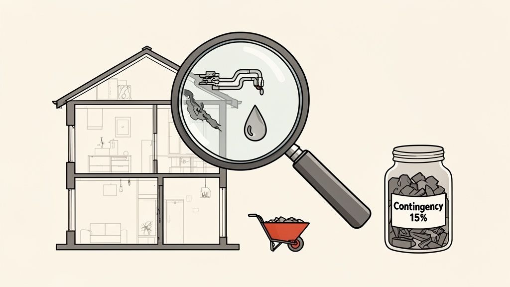 Illustration of a house with a plumbing leak, a wheelbarrow, and a 'Contingency 15%' fund jar.