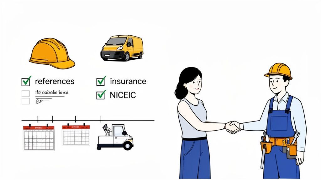 A woman shaking hands with a construction worker, surrounded by icons for project planning and certification.