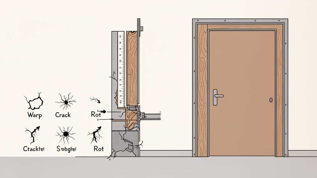 Illustration of wall and door frame cross-section showing warp, crack, and rot damage types.