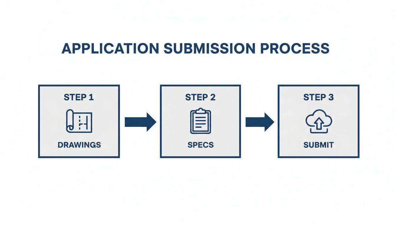 A three-step application submission process flowchart, detailing drawings, specs, and final submission.