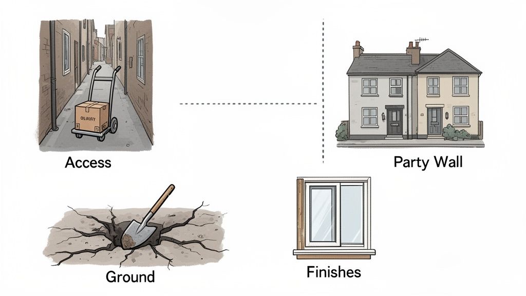 Illustrative diagrams showing access in an alley, a party wall between houses, a shovel in cracked ground, and a window finish.
