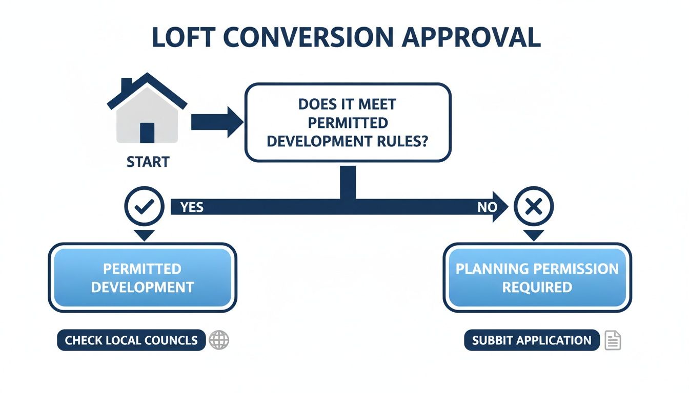 Flowchart illustrating the loft conversion approval process, showing routes for permitted development and planning permission.
