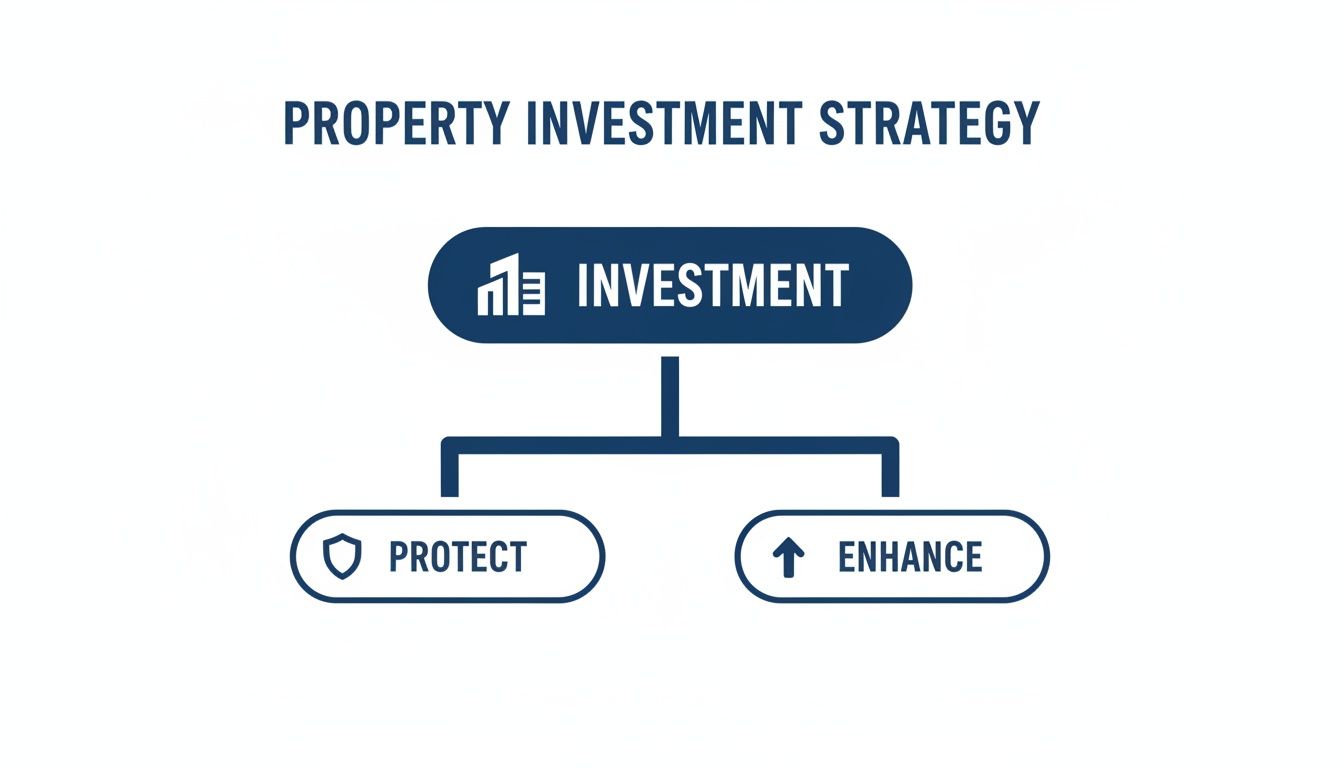 A diagram titled 'Property Investment Strategy' showing 'Investment' branching into 'Protect' and 'Enhance'.