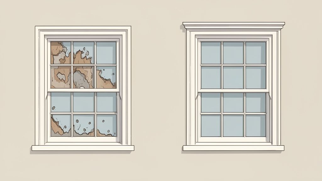 A side-by-side comparison of a dilapidated and a beautifully restored sash window on a wall.