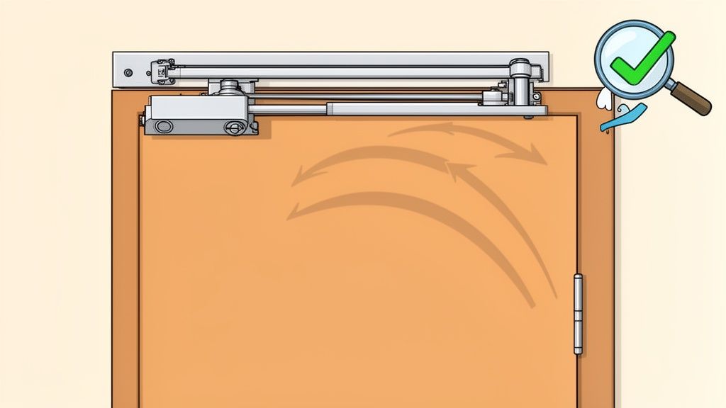 Diagram of a brown door with an overhead silver door closer mechanism showing closing motion with arrows.