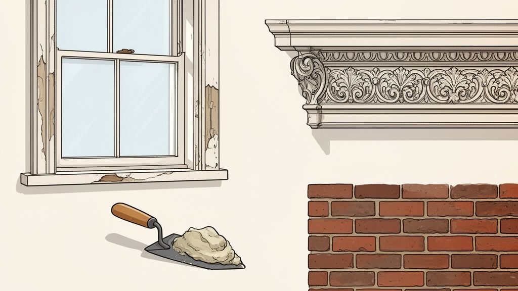 Detailed illustration showing a peeling window frame, a trowel with plaster, decorative molding, and a brick wall.