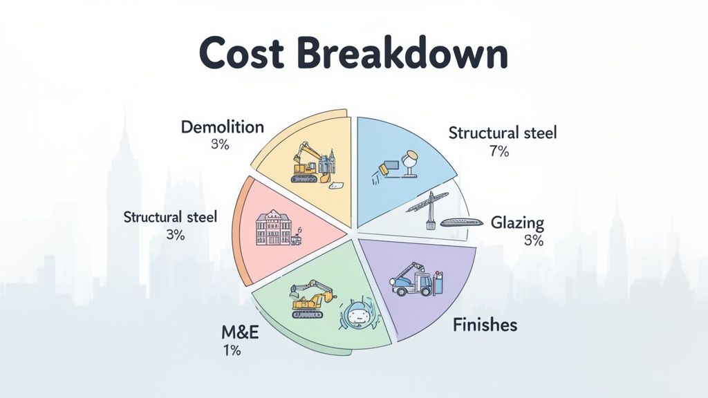 A pie chart illustrating a construction cost breakdown with percentages for categories like structural steel and demolition.
