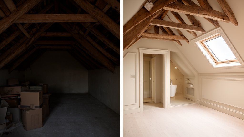 Before and after image of a dark attic transformed into a bright, modern loft apartment with exposed beams.