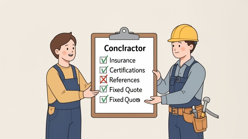 Two contractors present a checklist showing qualifications like insurance, certifications, and a fixed quote.