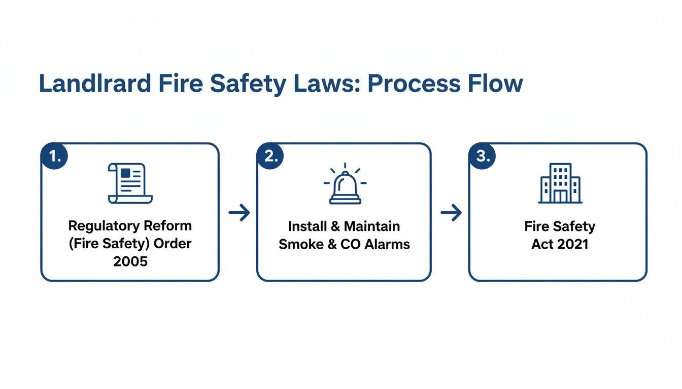 Process flow diagram illustrating landlord fire safety laws and their key regulatory steps.