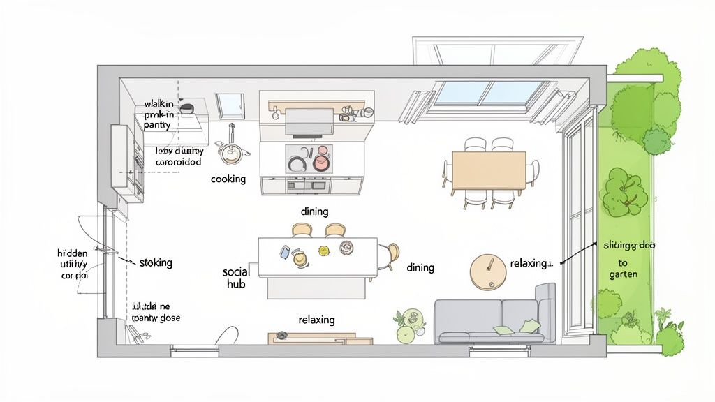 Floor plan showing an open-plan kitchen, dining, social hub, and relaxing area with garden access.
