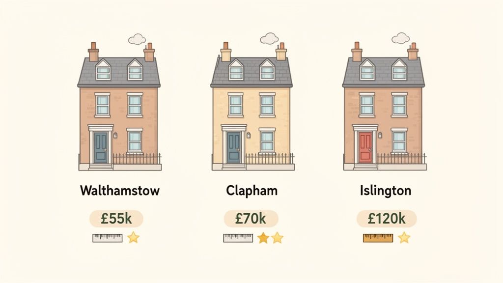 Three illustrated houses representing property prices in Walthamstow, Clapham, and Islington, London, with star ratings.