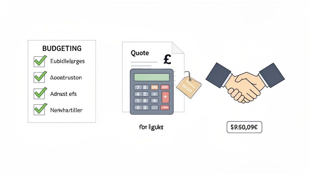 An illustration depicting a financial process, including a budgeting checklist, a quote with calculator, and a business handshake.