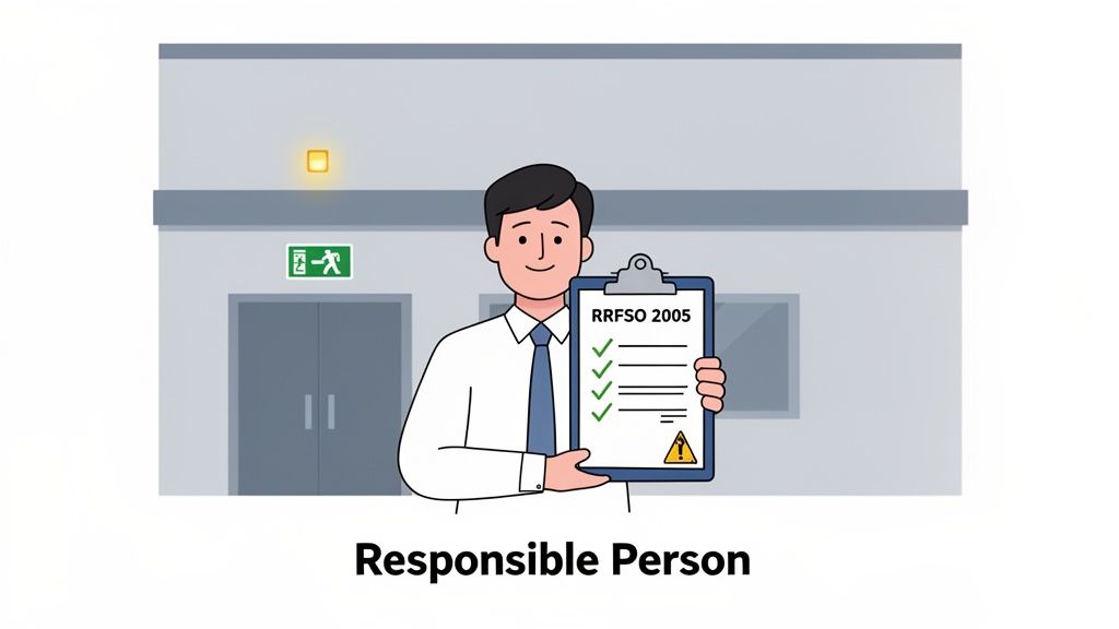An illustration of a responsible person holding a safety checklist, with an emergency exit sign and light.