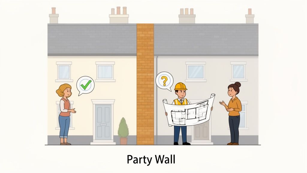 Illustration of terraced houses, a party wall, homeowner approval, and builder discussing extension plans.