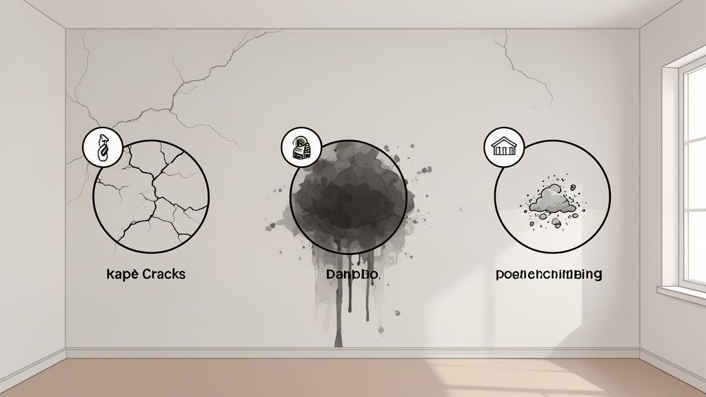 An illustration showing three common types of wall damage: cracks, dampness, and crumbling plaster.