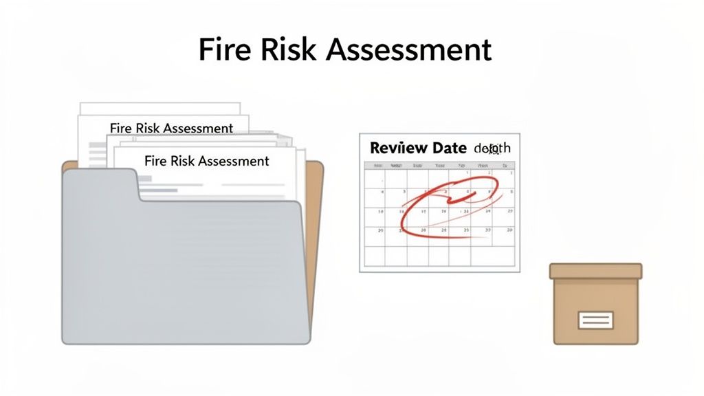 An illustration showing a folder with 'Fire Risk Assessment' documents, a calendar for review dates, and a storage box.