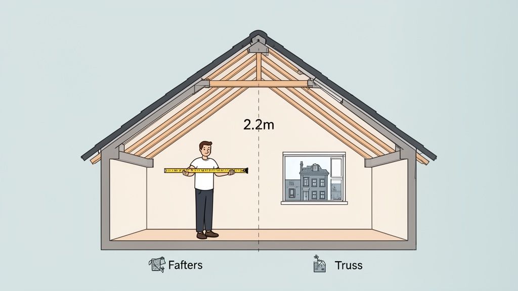 A cross-section of a house's attic with a person measuring the 2.2m head height for conversion.