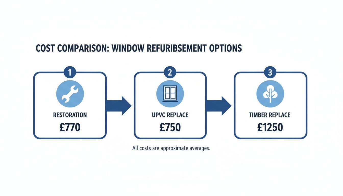 Cost comparison chart for window refurbishment options: Restoration (£770), UPVC Replace (£750), and Timber Replace (£1250).