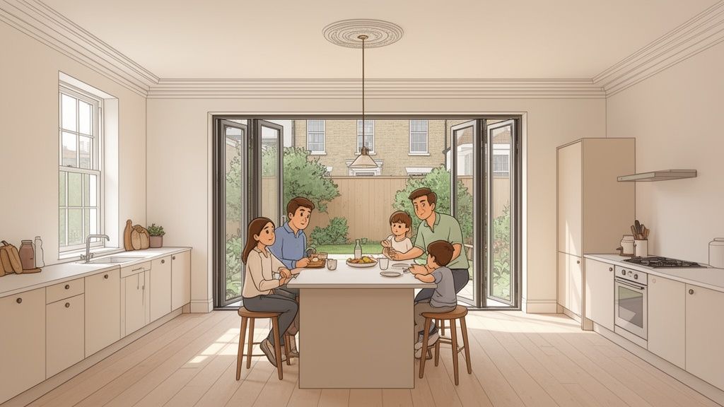 A happy family of four enjoying a meal together at a kitchen island in a bright, open-plan space with garden views.