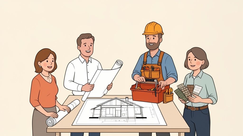 Four building professionals discussing house blueprints and material samples on a table.