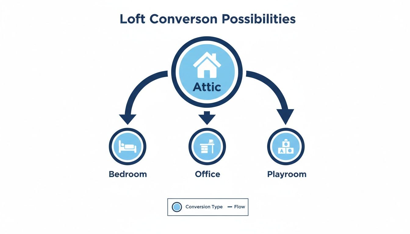 Diagram illustrating how an attic can be converted into a bedroom, office, or playroom.