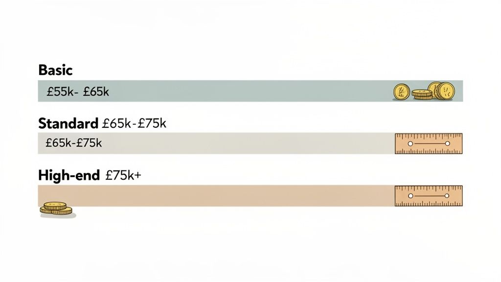 An infographic showing cost categories: Basic (£55k-£65k), Standard (£65k-£75k), and High-end (£75k+).