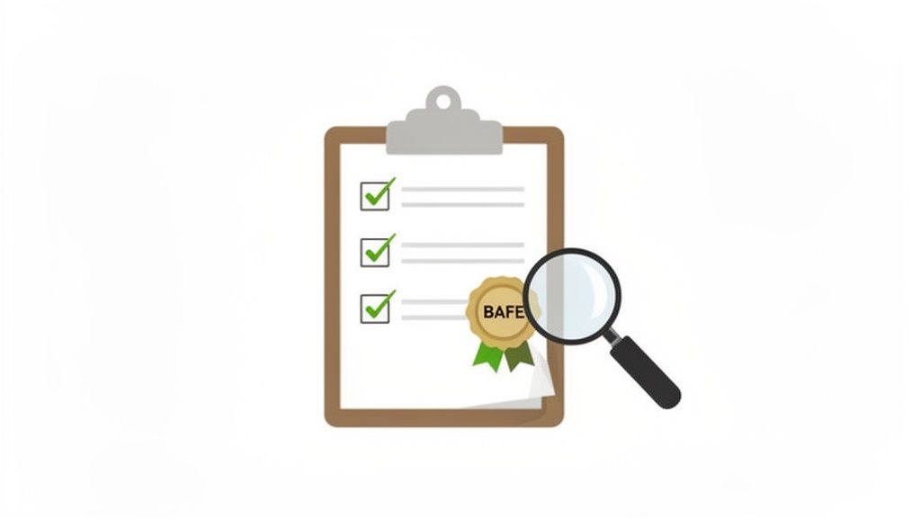 A clipboard with a checklist showing three green checkmarks, a BAFE certification badge, and a magnifying glass.