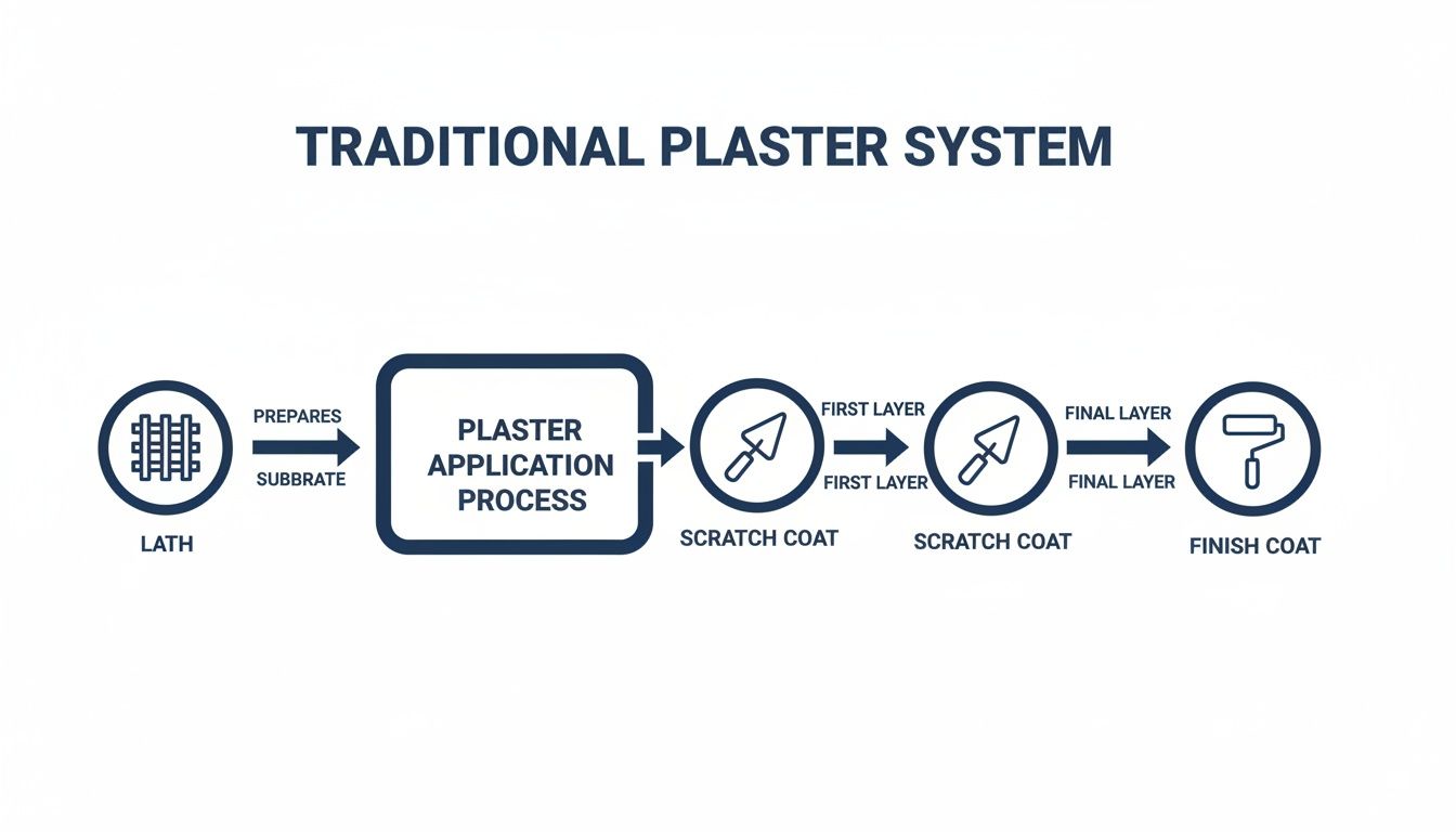 Flowchart illustrating the traditional plaster system, from lath preparation to the final finish coat.