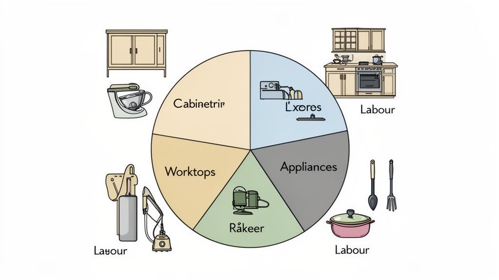 Pie chart breaking down kitchen renovation components, showing categories like cabinetry, worktops, appliances, and labor.