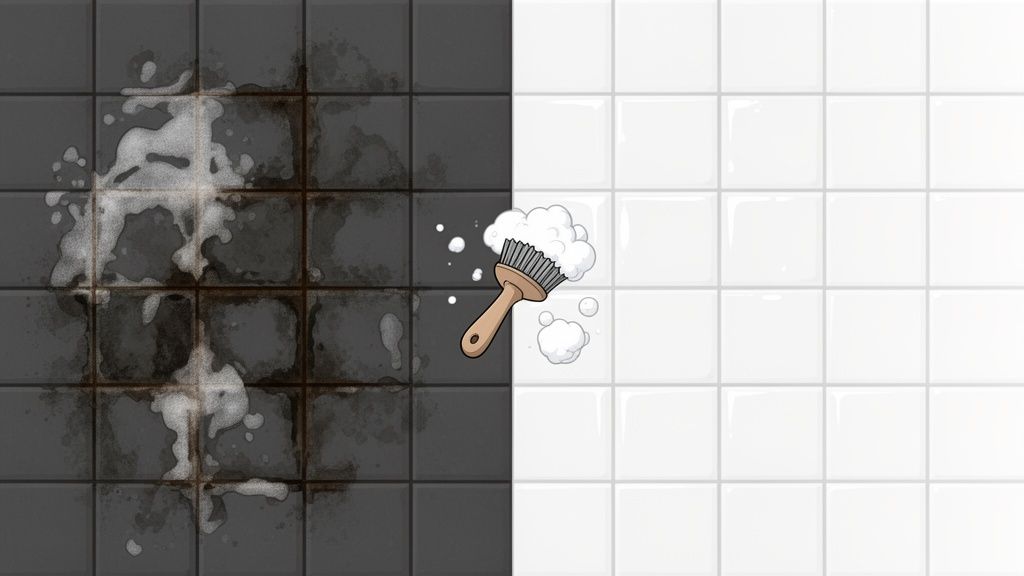 Dirty, dark tiles being cleaned on one side, and sparkling white tiles on the other.