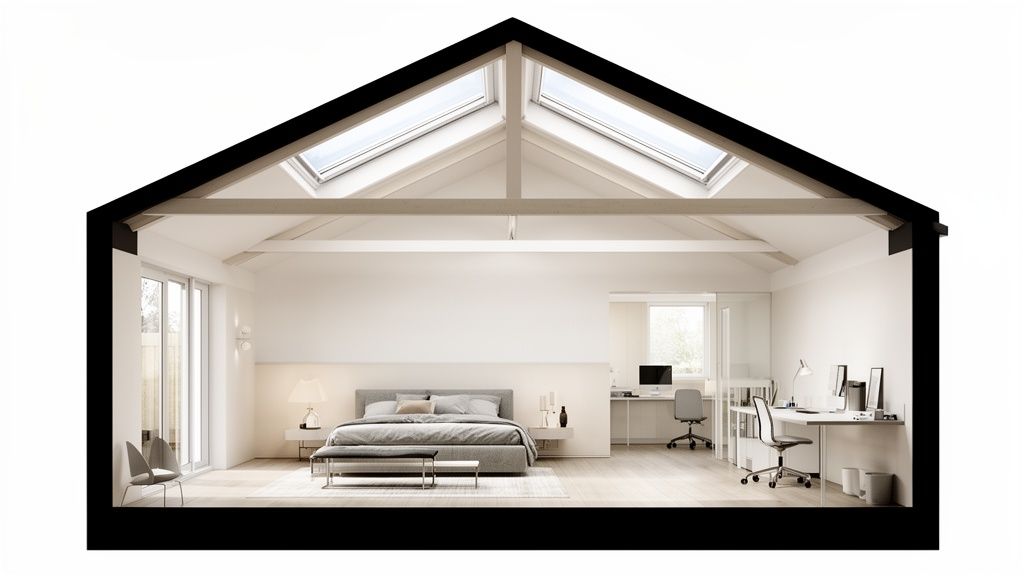 Modern loft conversion interior featuring a bedroom, a home office, and skylight windows.