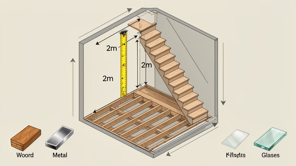 Isometric diagram illustrating a room under construction, featuring a wooden staircase, measuring tape, and material samples.