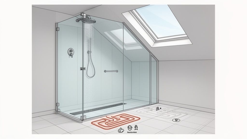 An illustration of a glass shower in a modern loft conversion with a skylight and visible underfloor heating pipes.
