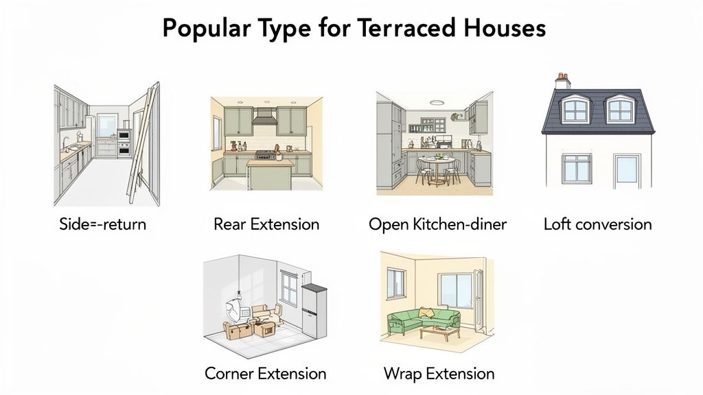 Diagram illustrating six popular types of house extensions and conversions for terraced homes.