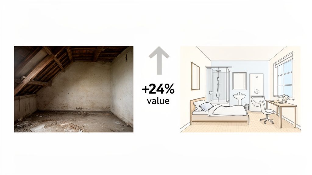 A dirty attic transforms into a modern bedroom with en-suite bathroom, showing a 24% value increase.